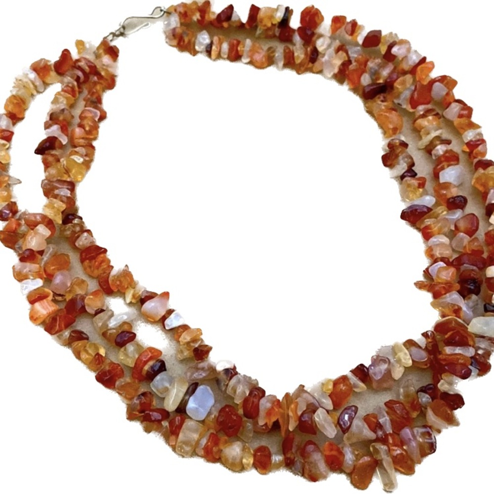 Three (3) Strand Natural Chip Carnelian Agate Polished Stone Necklace